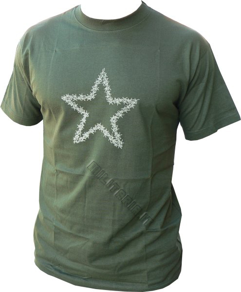 T-shirt Uomo Manica Corta Cotone Verde Oliva Con Stampata Stella Rossa
